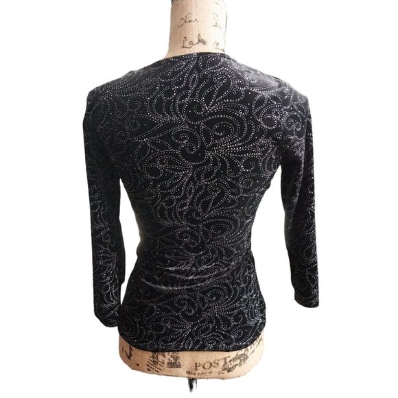 Notations Petite PS Womens Velvet Black Shimmer Long Sleeve Shirt Top - Picture 5 of 12